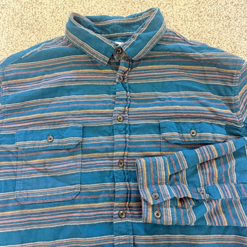 Mens XL Teal Striped Flannel Button Down Shirt Aztec Southwestern Beach Indie